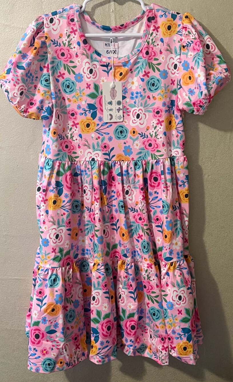 Pete + Lucy Pink Floral Short Sleeve Tiered Twirl Dress Size 6/6X